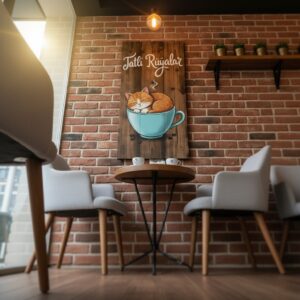 Tatlı Rüyalar_ Temalı Kahve Fincanında Uyuyan Kedi Figürlü El Yapımı Rustik Ahşap Duvar Panosu – Veteriner ve Kafe Dekoru - Görsel 3