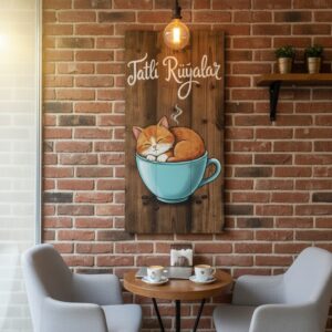 Tatlı Rüyalar_ Temalı Kahve Fincanında Uyuyan Kedi Figürlü El Yapımı Rustik Ahşap Duvar Panosu – Veteriner ve Kafe Dekoru - Görsel 1