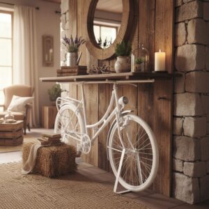 Vintage Tasarım Beyaz Bisiklet Dresuar – Masif Ahşap Raflı Dekoratif Konsol - Görsel 1