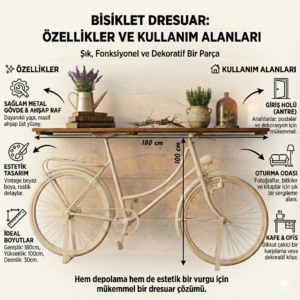 Vintage Tasarım Beyaz Bisiklet Dresuar – Masif Ahşap Raflı Dekoratif Konsol - Görsel 2