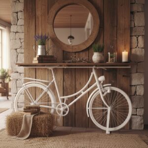 Vintage Tasarım Beyaz Bisiklet Dresuar – Masif Ahşap Raflı Dekoratif Konsol - Görsel 4