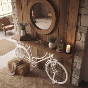 Vintage Tasarım Beyaz Bisiklet Dresuar – Masif Ahşap Raflı Dekoratif Konsol - Görsel 5