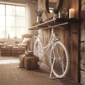 Vintage Tasarım Beyaz Bisiklet Dresuar – Masif Ahşap Raflı Dekoratif Konsol - Görsel 6