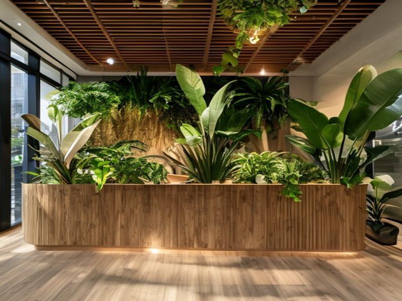 Doğayla iç içe biophilic tasarım bitkili ahşap spa bankosu