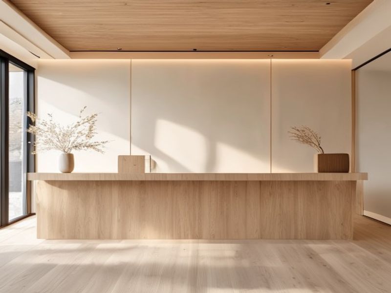 Japandi stili minimalist açık meşe rengi güzellik salonu bankosu