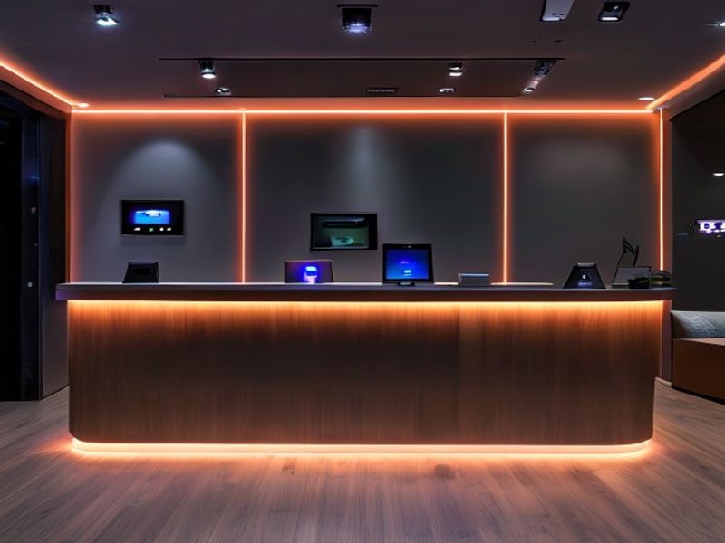 Gizli LED aydınlatmalı ve teknolojik altyapılı akıllı ahşap banko