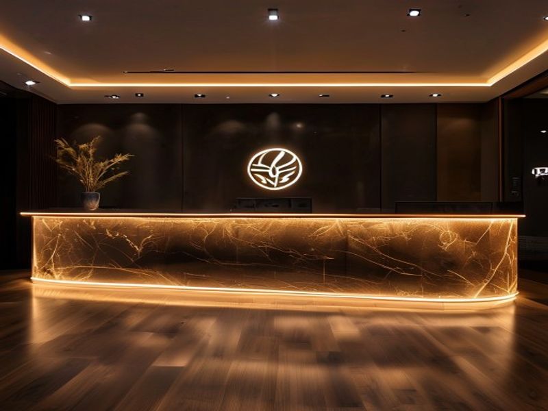 Güzellik merkezi bankosuna uygulanan CNC oymalı ışıklı marka logosu
