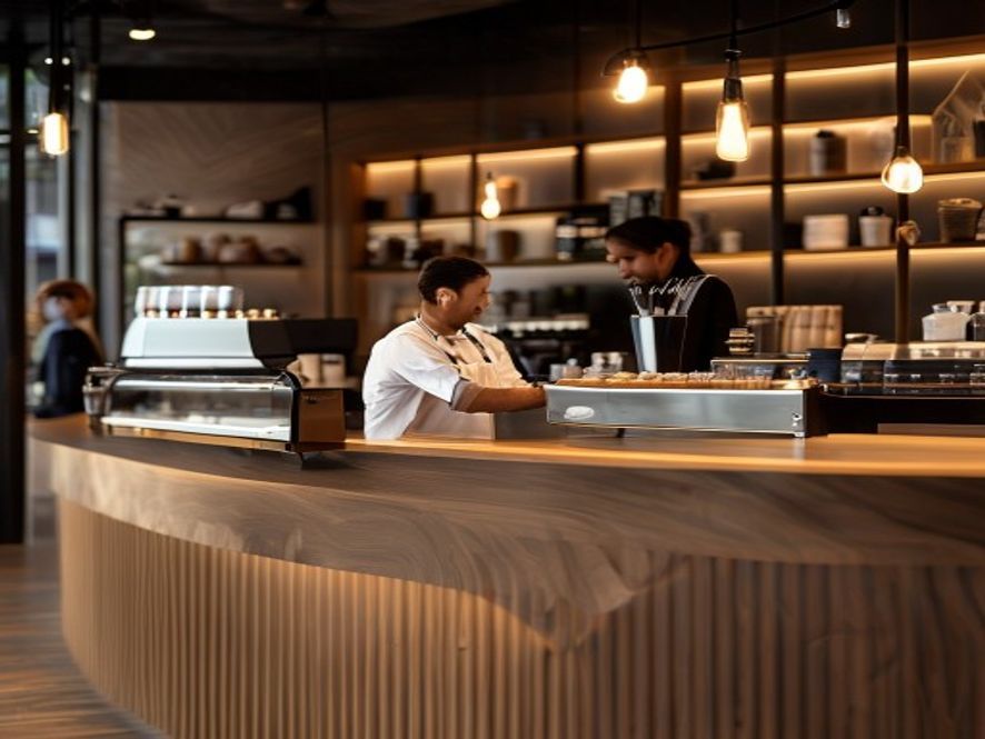 Lüks kahve dükkanında zarif kavisli ahşap banko arkasında barista