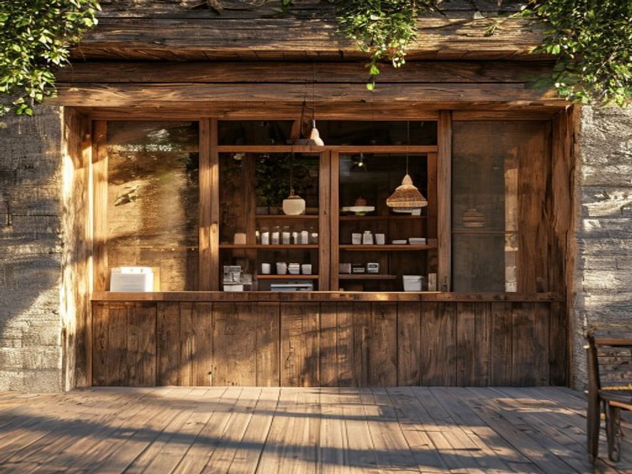 Rustik kafe girişinde doğal kenarlı kütük ahşap masa ve sıcak gün ışığı