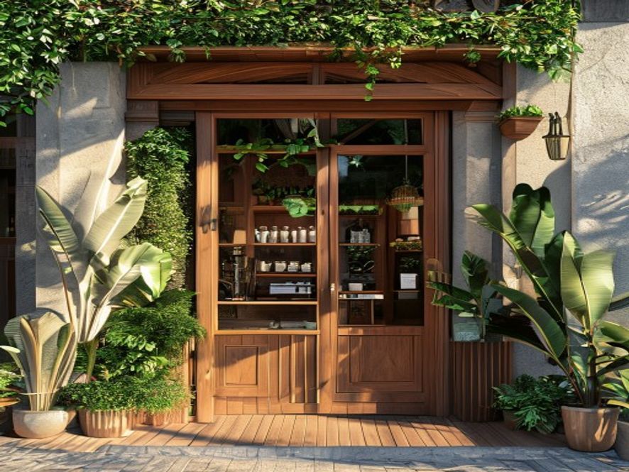 Instagramlık kafe giriş kapısı tasarımı ahşap stand ve yeşil bitkiler