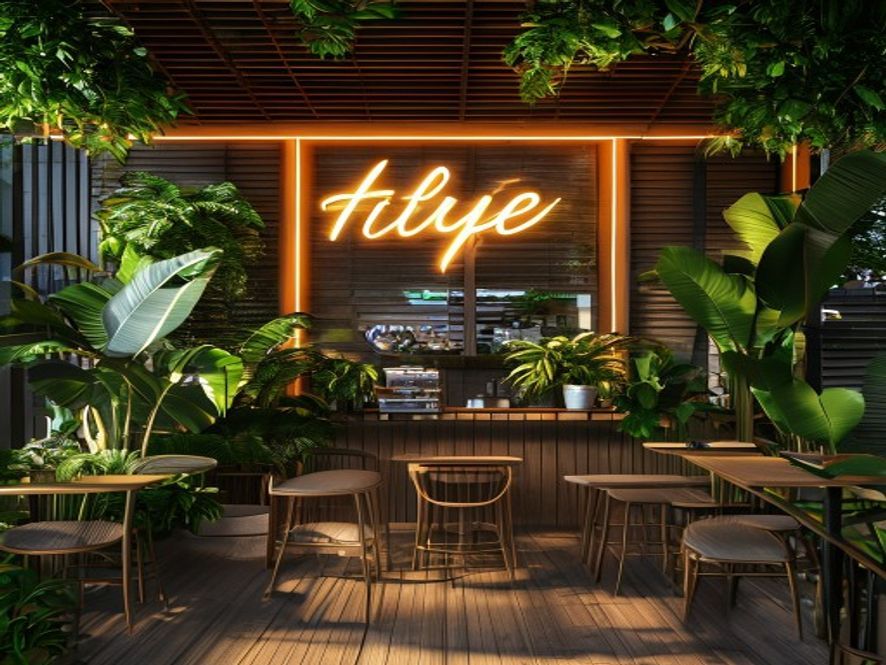 Kafe dekorasyonunda ahşap çıtalı duvar ve neon tabela ile bitkili fotoğraf köşesi