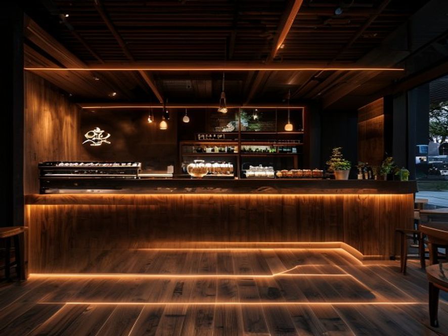 Gizli LED aydınlatmalı ve logolu lüks ahşap kafe barista bankosu