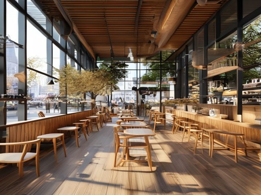 Geniş pencereli ve lüks masif ahşap mobilyalı modern instagramlık kafe