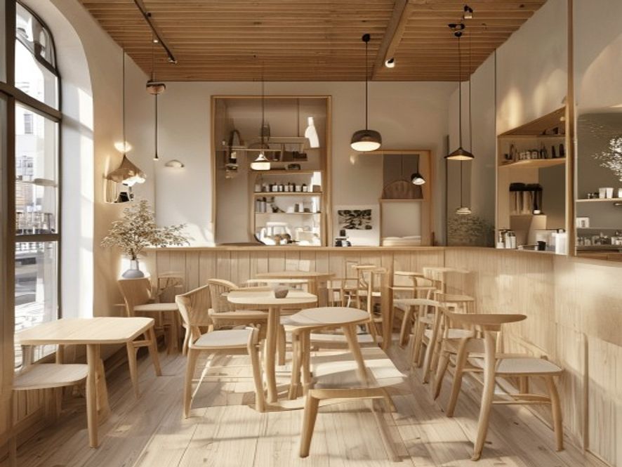 Mekana derinlik katan aynalı ve açık renk ahşap mobilyalı küçük kafe dekorasyonu