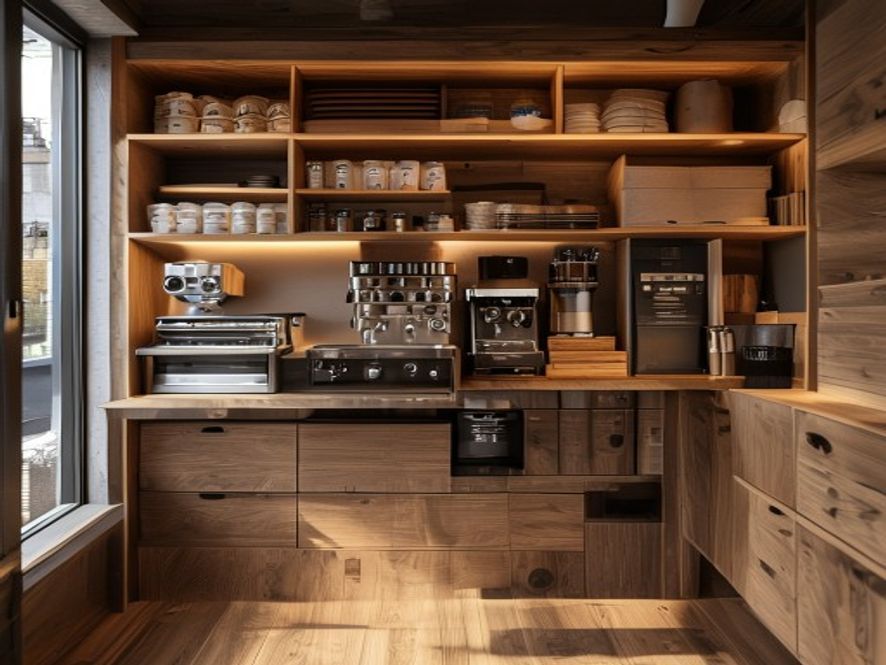 Personel için akıllı tasarlanmış gizli çekmeceli kompakt ahşap barista çalışma alanı