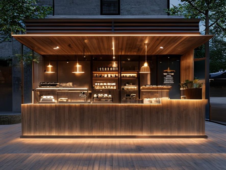 Gizli LED aydınlatmalı havada süzülen ahşap tasarımlı küçük butik kafe