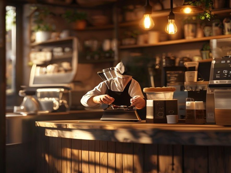 Küçük mahalle kafesinde masif ahşap tezgahtan kahve servisi yapan barista