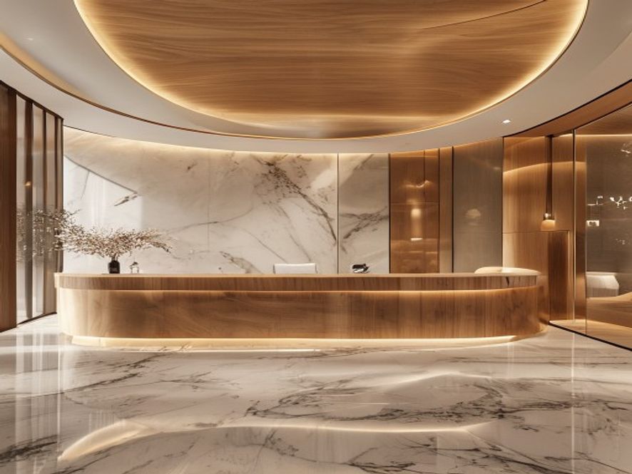 Geniş spa lobisi için zarif kavisli oval masif ahşap resepsiyon bankosu